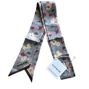 Coach NEW Lilac Purple Floral Bag Tie Hair Scarf Twilly 100% Silk Retro